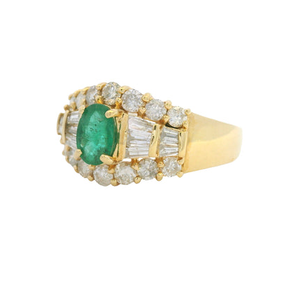 14K Yellow Gold Oval Shape Emerald Diamond Mosaic Fashion Ring
