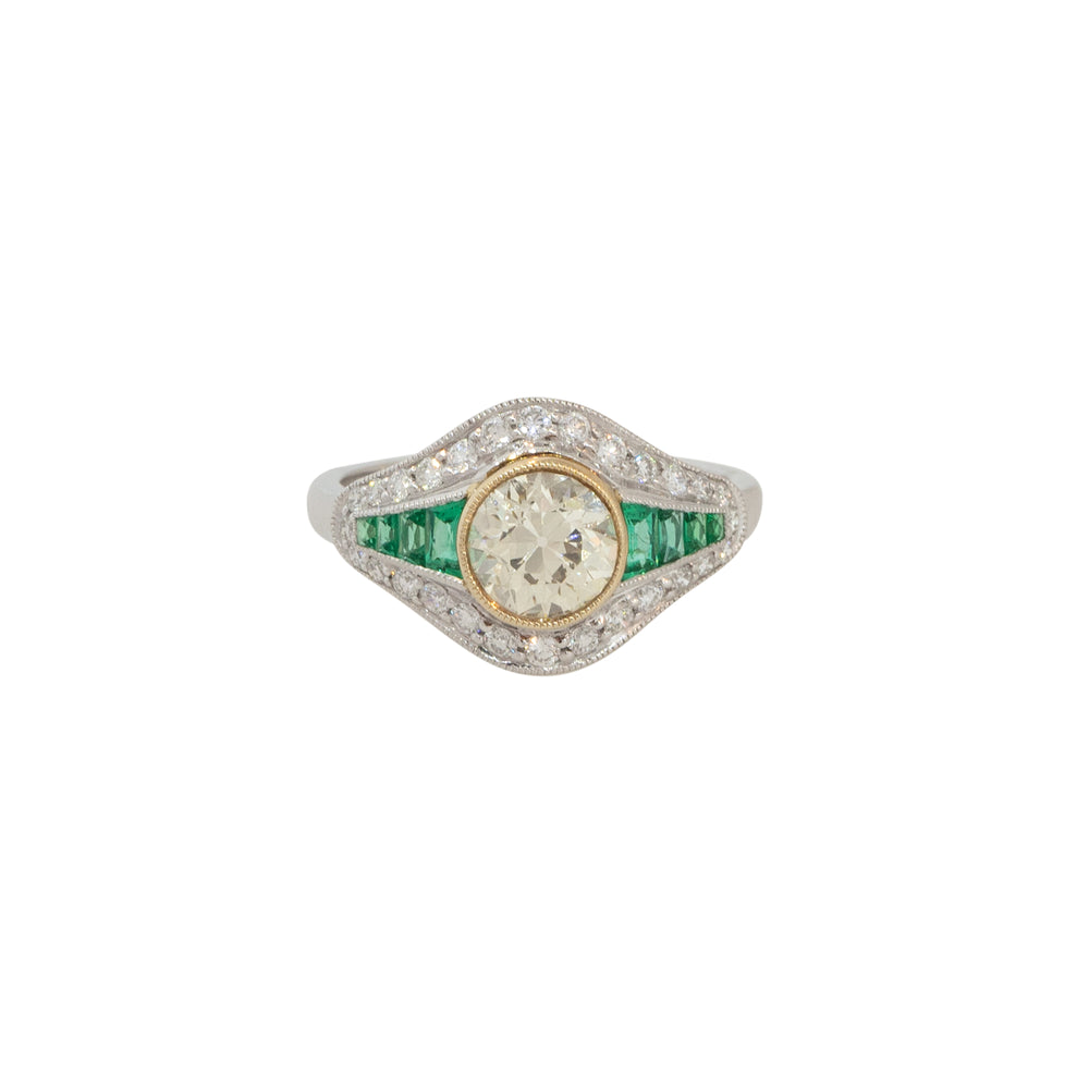 Platinum 1.46ctw Diamond and Emerald Art Deco Ring  