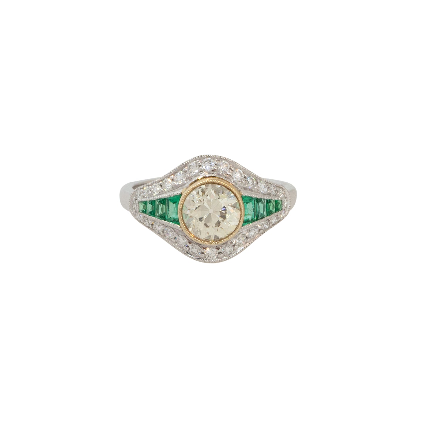 Platinum 1.46ctw Diamond and Emerald Art Deco Ring  