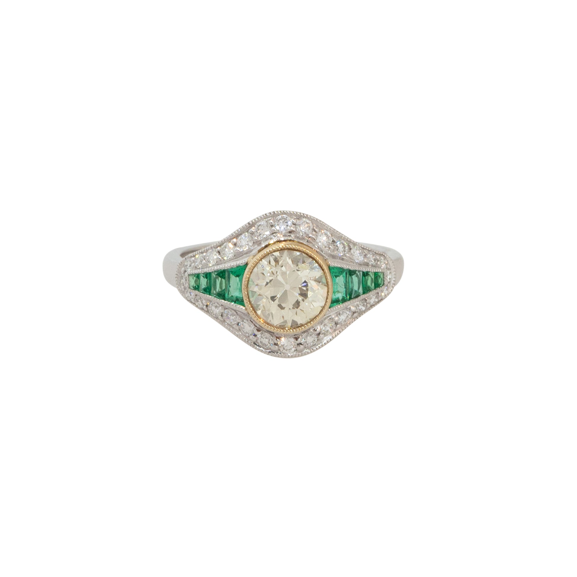 Platinum 1.46ctw Diamond and Emerald Art Deco Ring  
