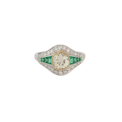 Platinum 1.46ctw Diamond and Emerald Art Deco Ring  