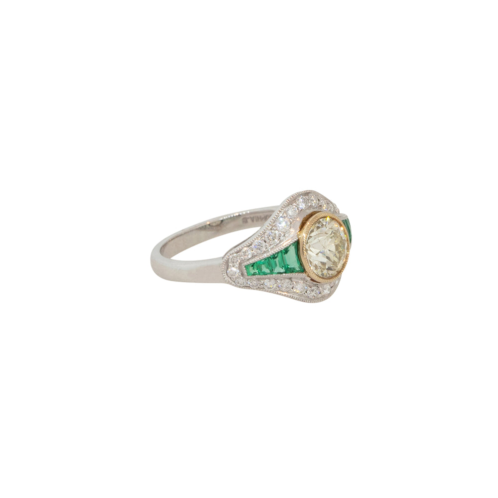 Platinum 1.46ctw Diamond and Emerald Art Deco Ring  