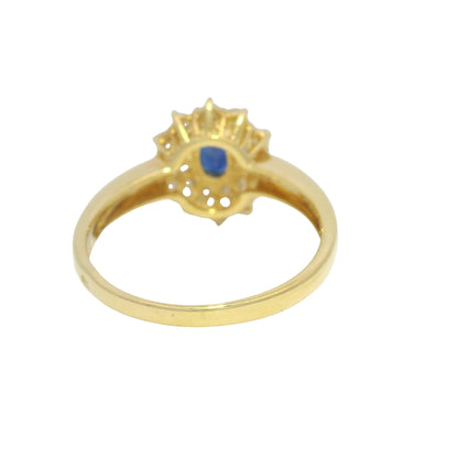 18k Yellow Gold Oval Cut Sapphire &amp; Diamond Cluster Halo Ring
