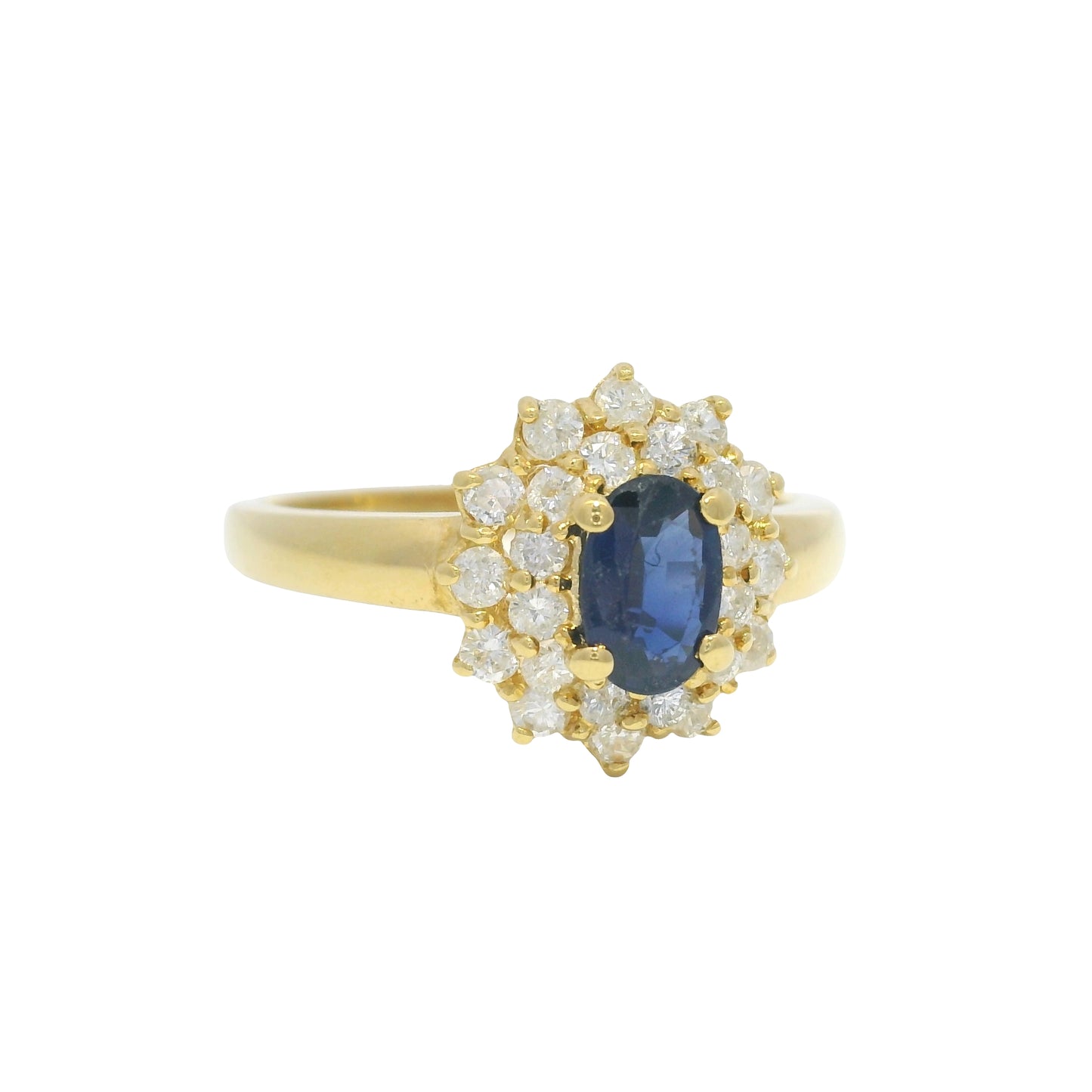18k Yellow Gold Oval Cut Sapphire &amp; Diamond Cluster Halo Ring