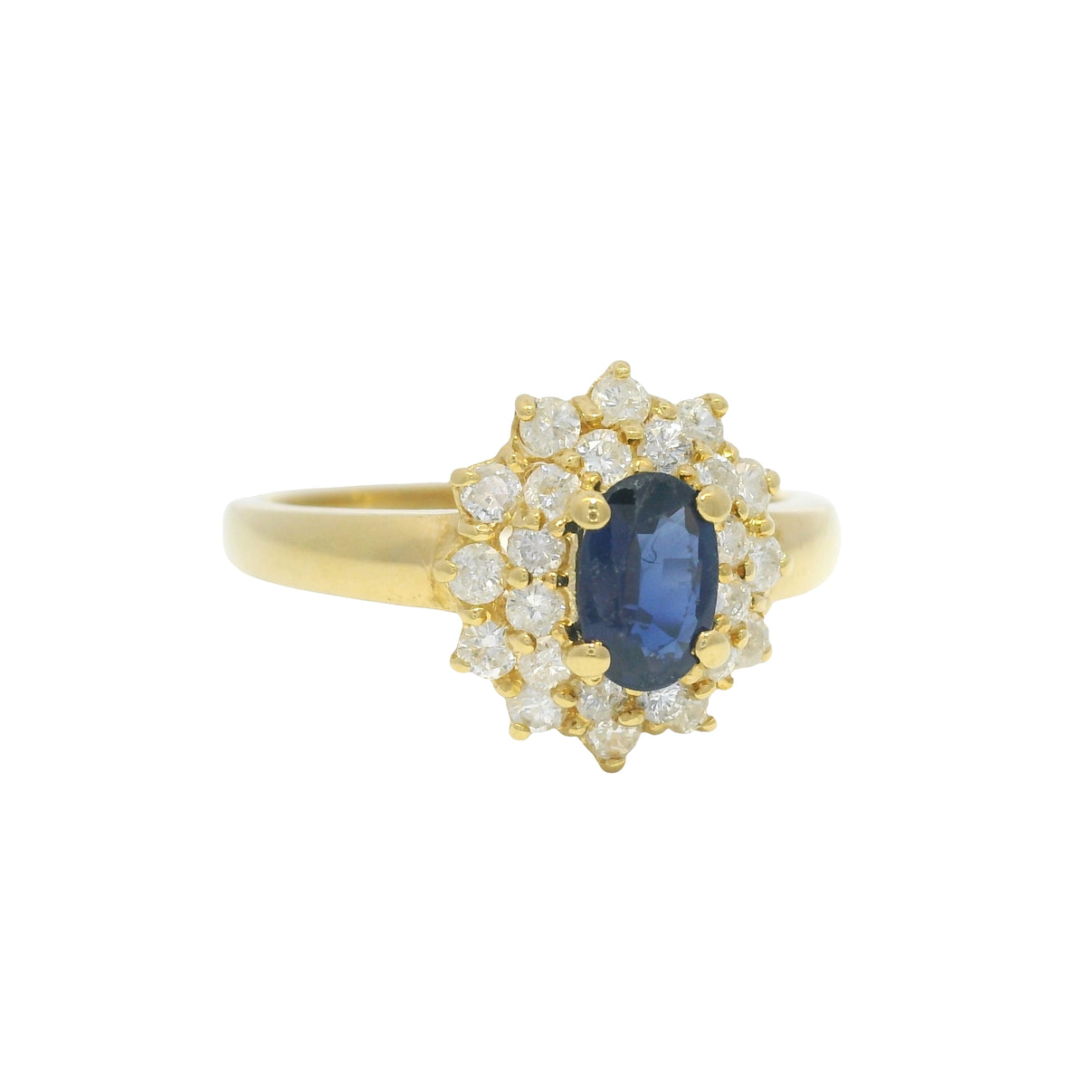 18k Yellow Gold Oval Cut Sapphire &amp; Diamond Cluster Halo Ring