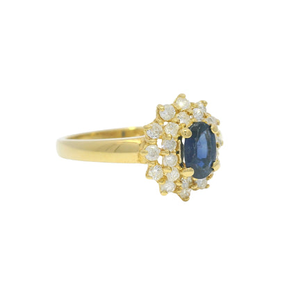 18k Yellow Gold Oval Cut Sapphire &amp; Diamond Cluster Halo Ring