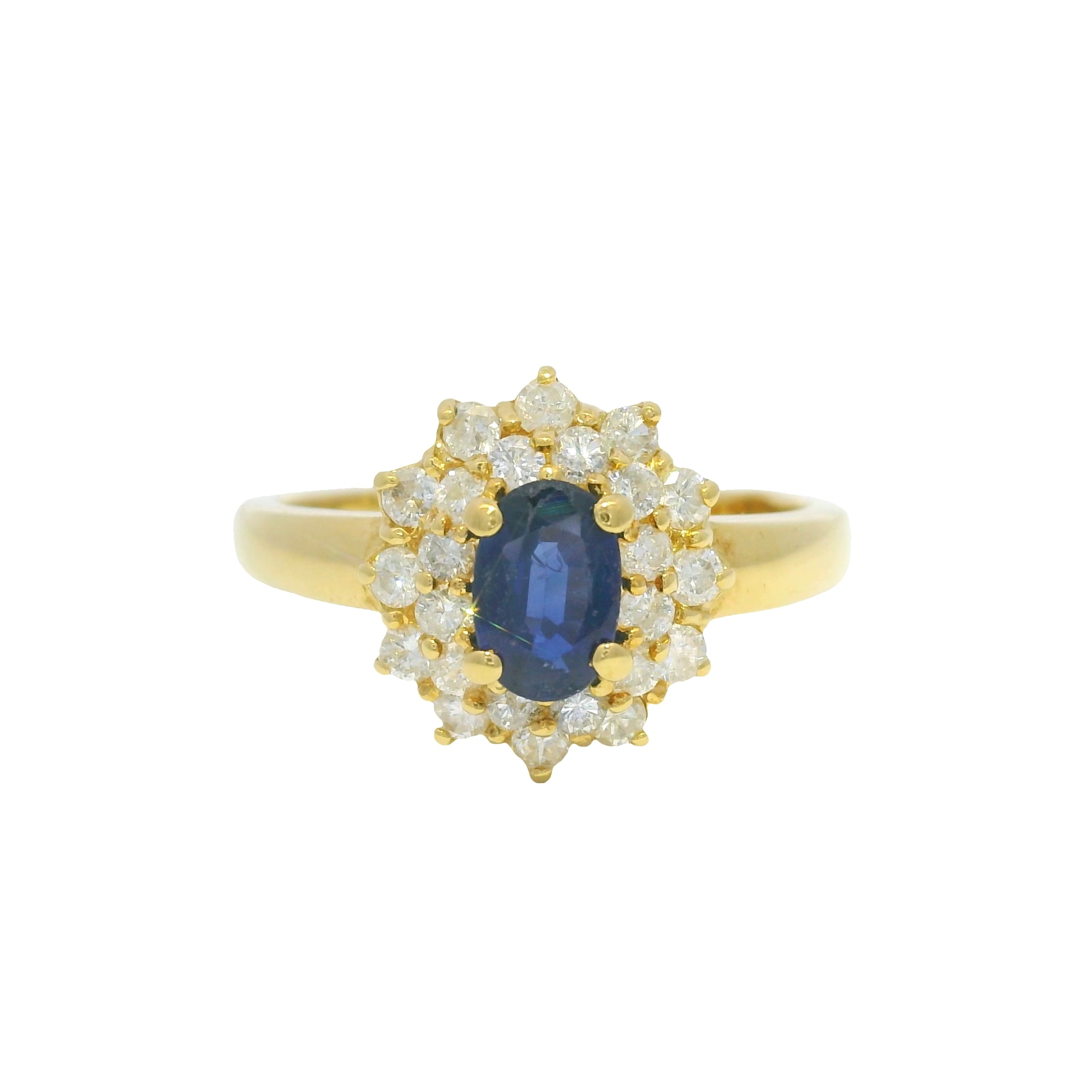 18k Yellow Gold Oval Cut Sapphire &amp; Diamond Cluster Halo Ring