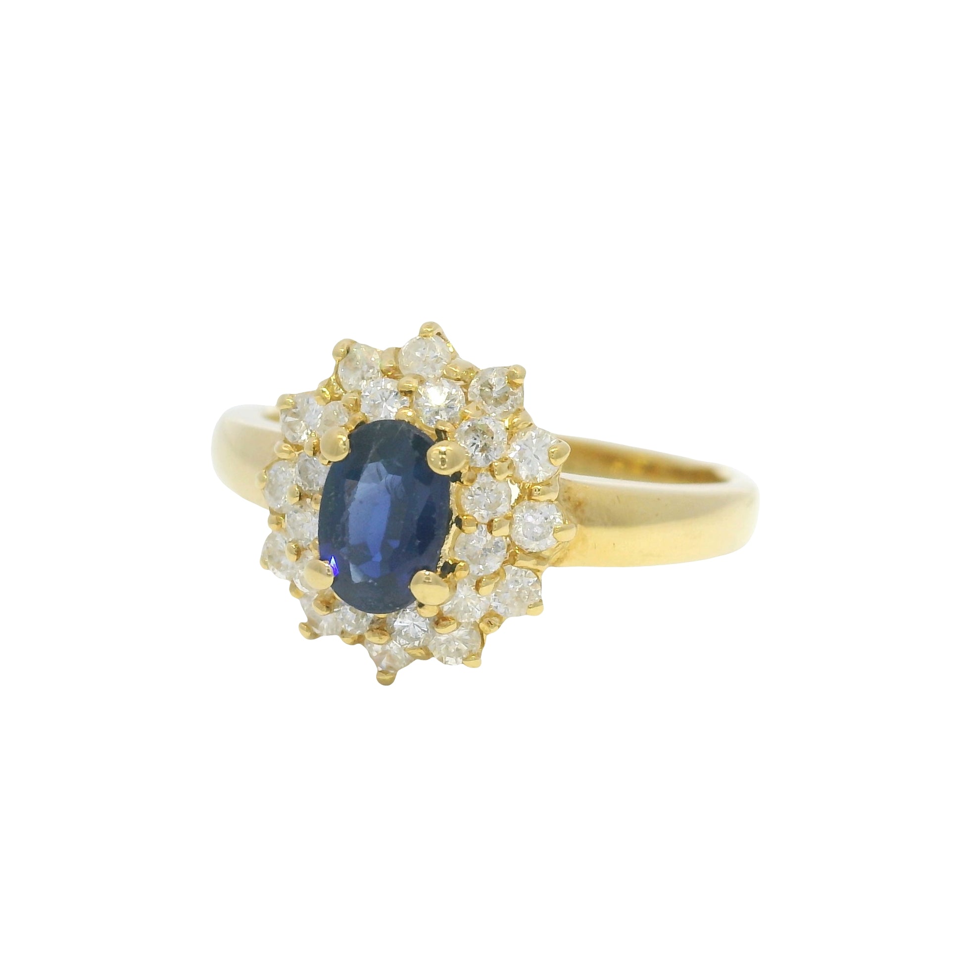 18k Yellow Gold Oval Cut Sapphire &amp; Diamond Cluster Halo Ring