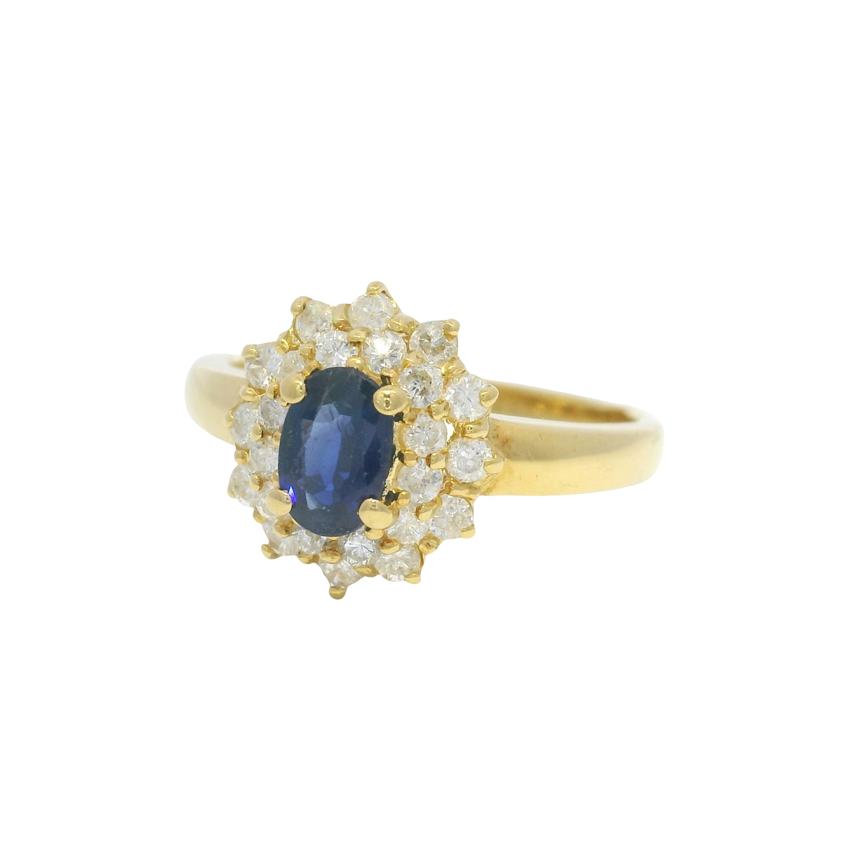 18k Yellow Gold Oval Cut Sapphire &amp; Diamond Cluster Halo Ring