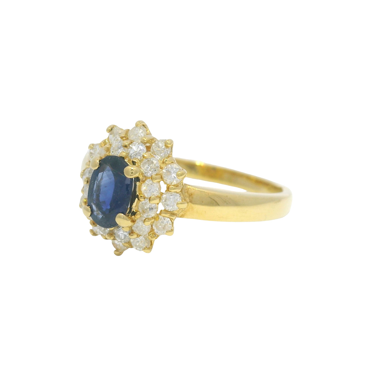 18k Yellow Gold Oval Cut Sapphire &amp; Diamond Cluster Halo Ring
