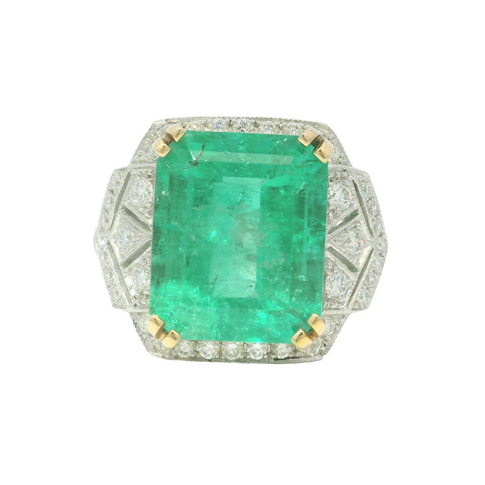 Platinum Natural 7.19 Carat Emerald & Diamond Art Deco Ring — product photo 1