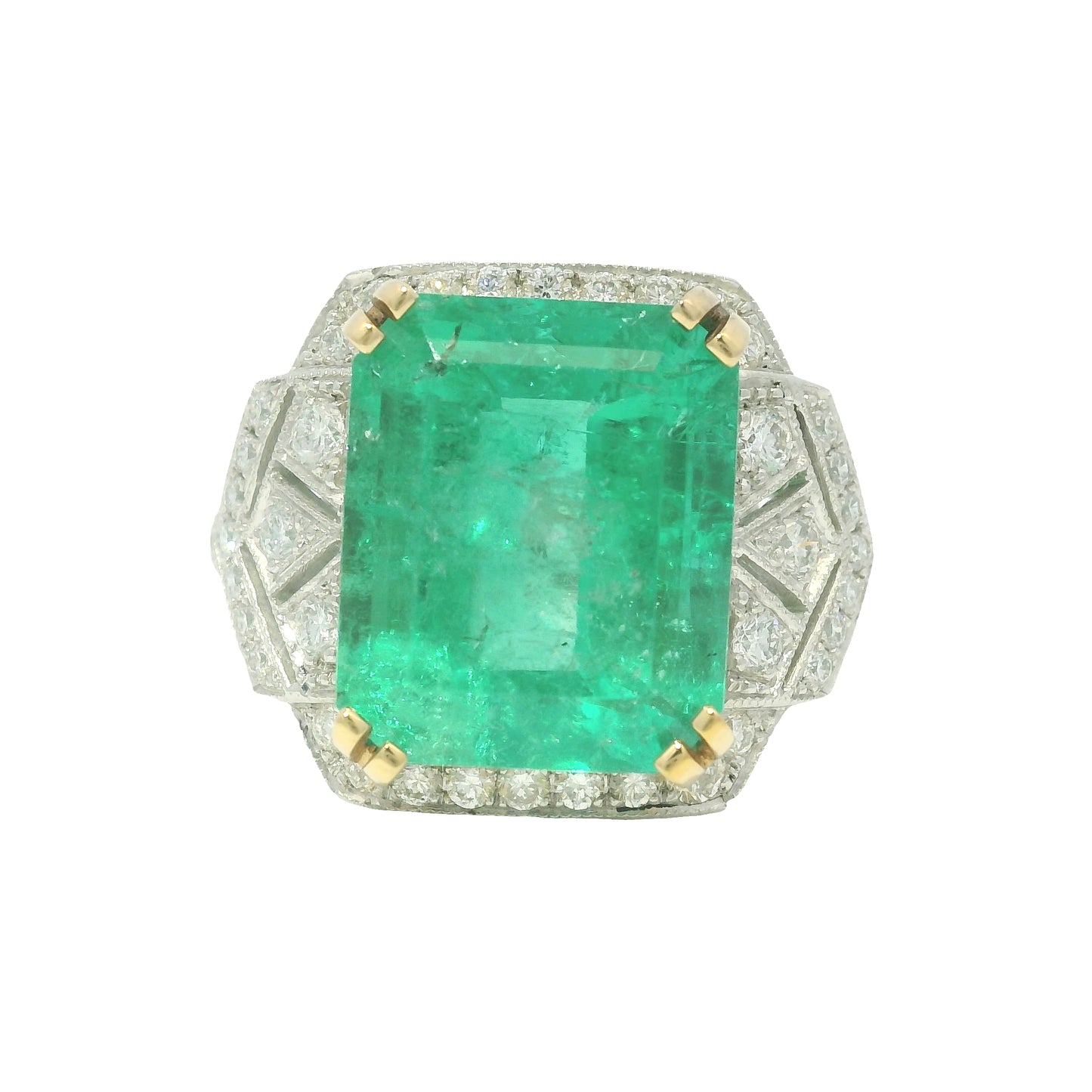 Platinum Natural 7.19 Carat Emerald & Diamond Art Deco Ring