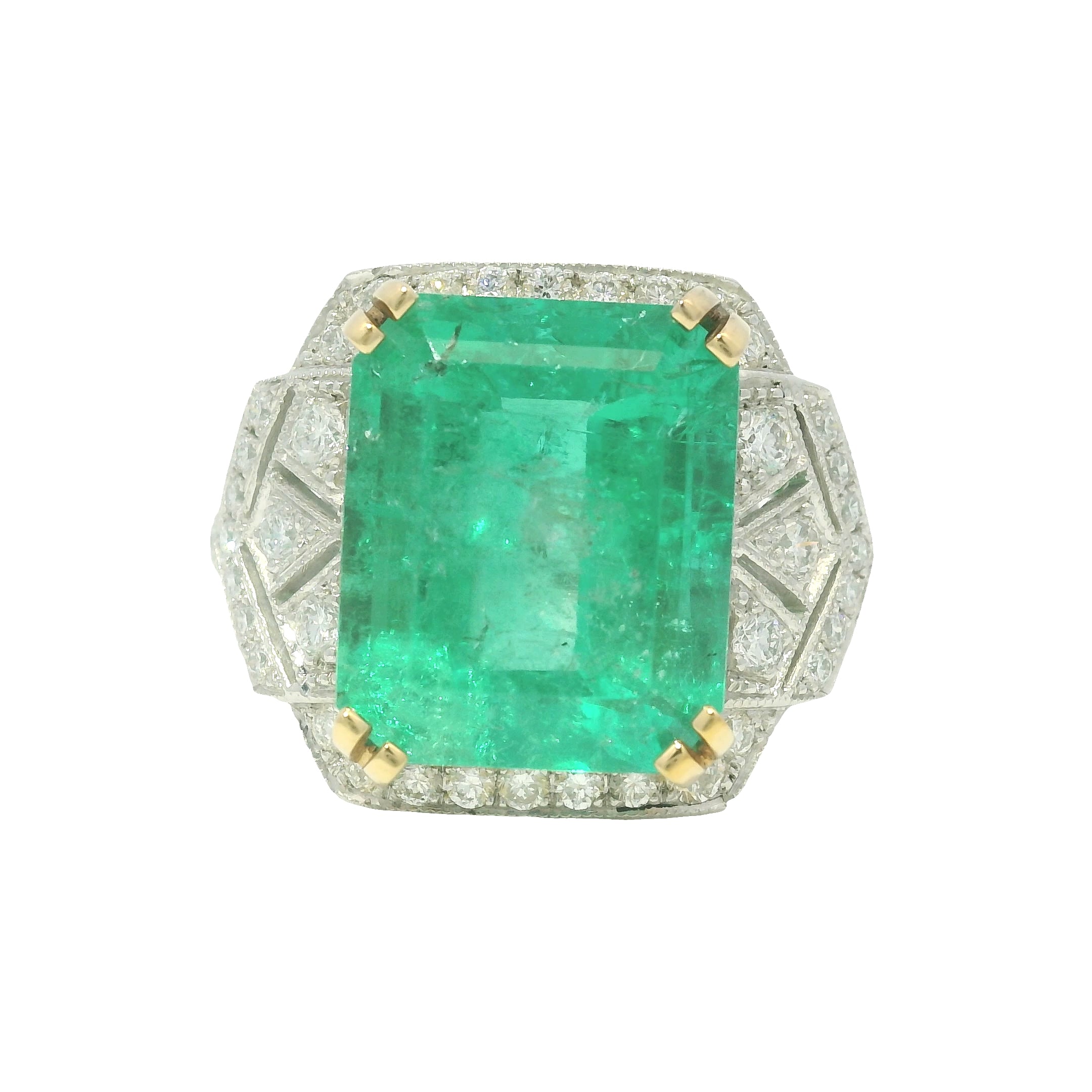 Platinum Natural 7.19 Carat Emerald & Diamond Art Deco Ring