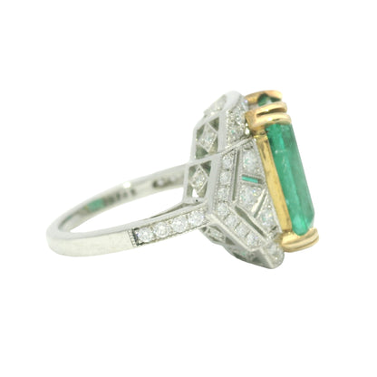 Platinum Natural 7.19 Carat Emerald & Diamond Art Deco Ring