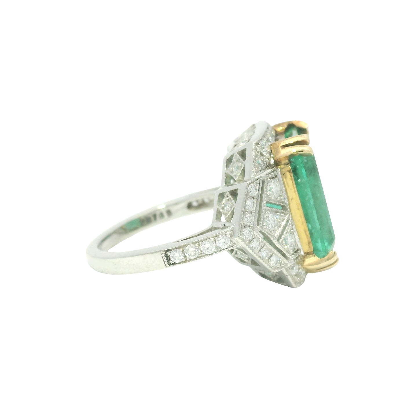 Platinum Natural 7.19 Carat Emerald & Diamond Art Deco Ring
