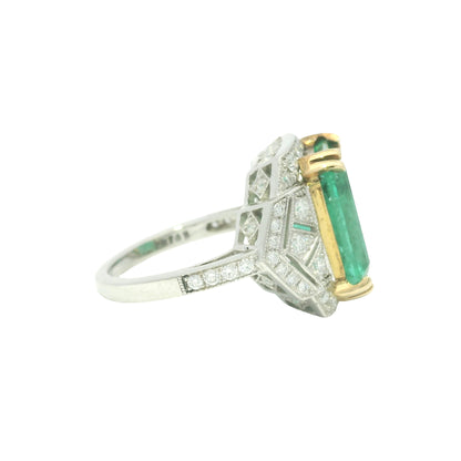 Platinum Natural 7.19 Carat Emerald & Diamond Art Deco Ring