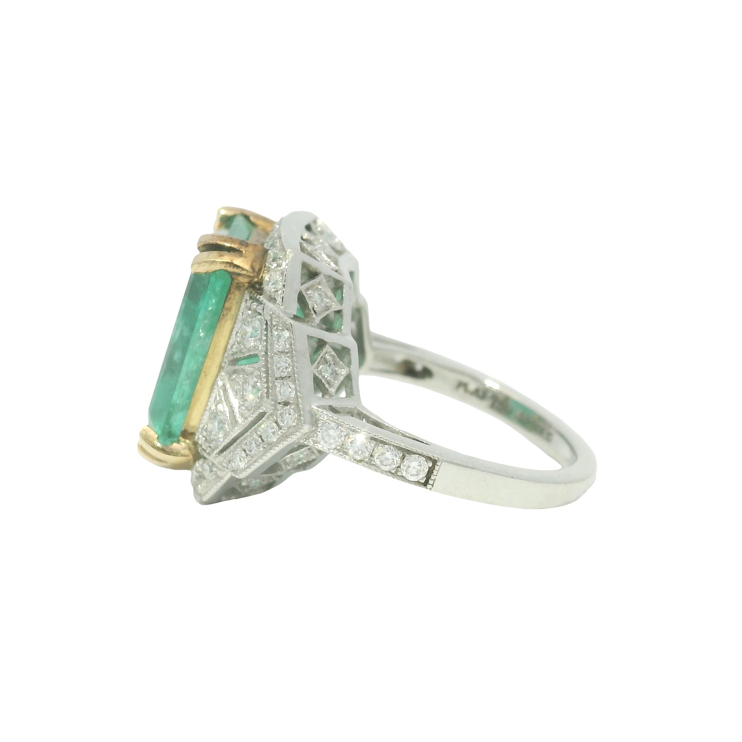 Platinum Natural 7.19 Carat Emerald & Diamond Art Deco Ring