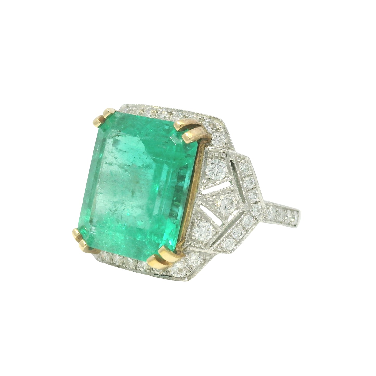 Platinum Natural 7.19 Carat Emerald & Diamond Art Deco Ring