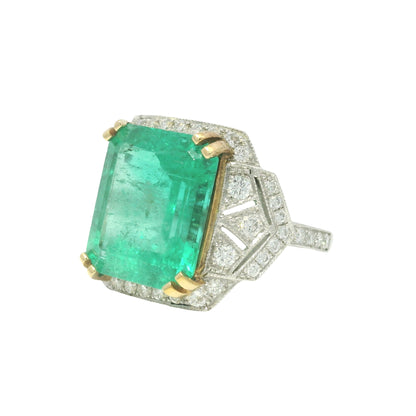 Platinum Natural 7.19 Carat Emerald & Diamond Art Deco Ring