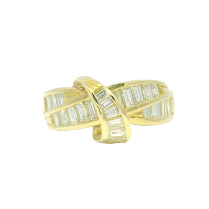 18k Yellow Gold Natural Baguette Cut Diamond Crossover Ring
