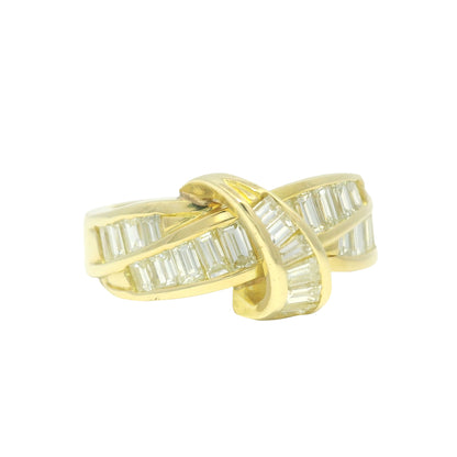 18k Yellow Gold Natural Baguette Cut Diamond Crossover Ring