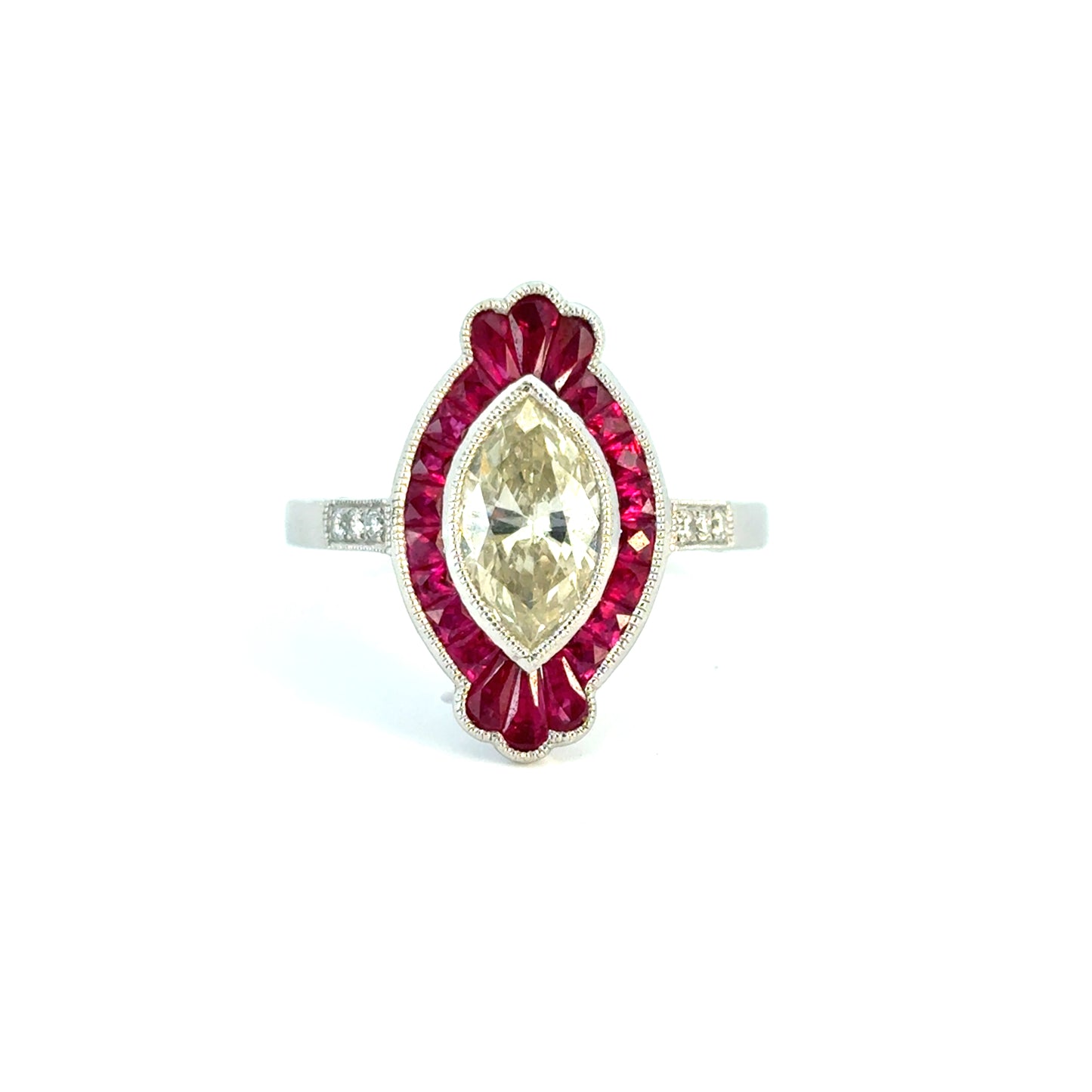 Light Yellow Marquise Cut Diamond Platinum Ruby Engagement Ring