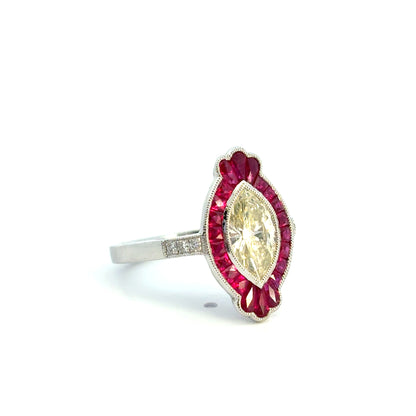 Light Yellow Marquise Cut Diamond Platinum Ruby Engagement Ring
