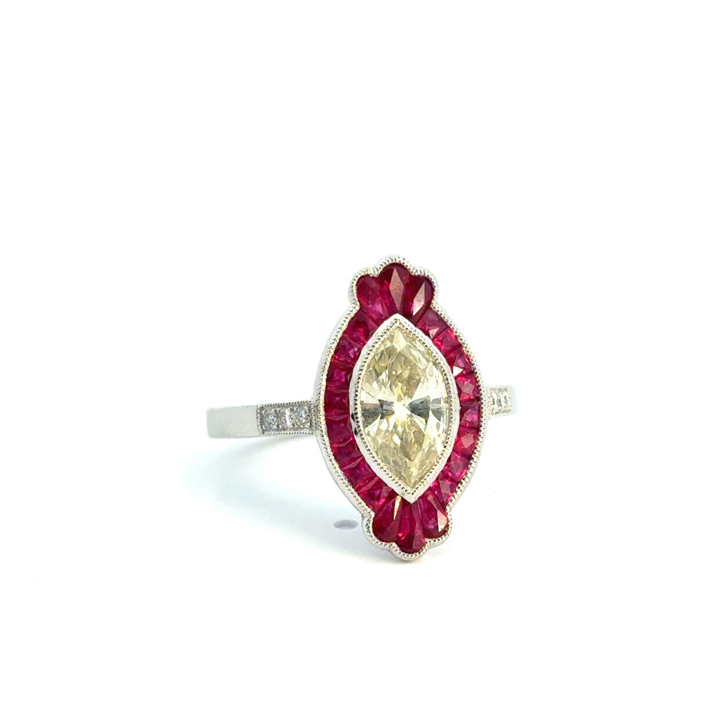Platinum Natural Yellow Marquise Cut Diamond & Ruby Art Deco Ring