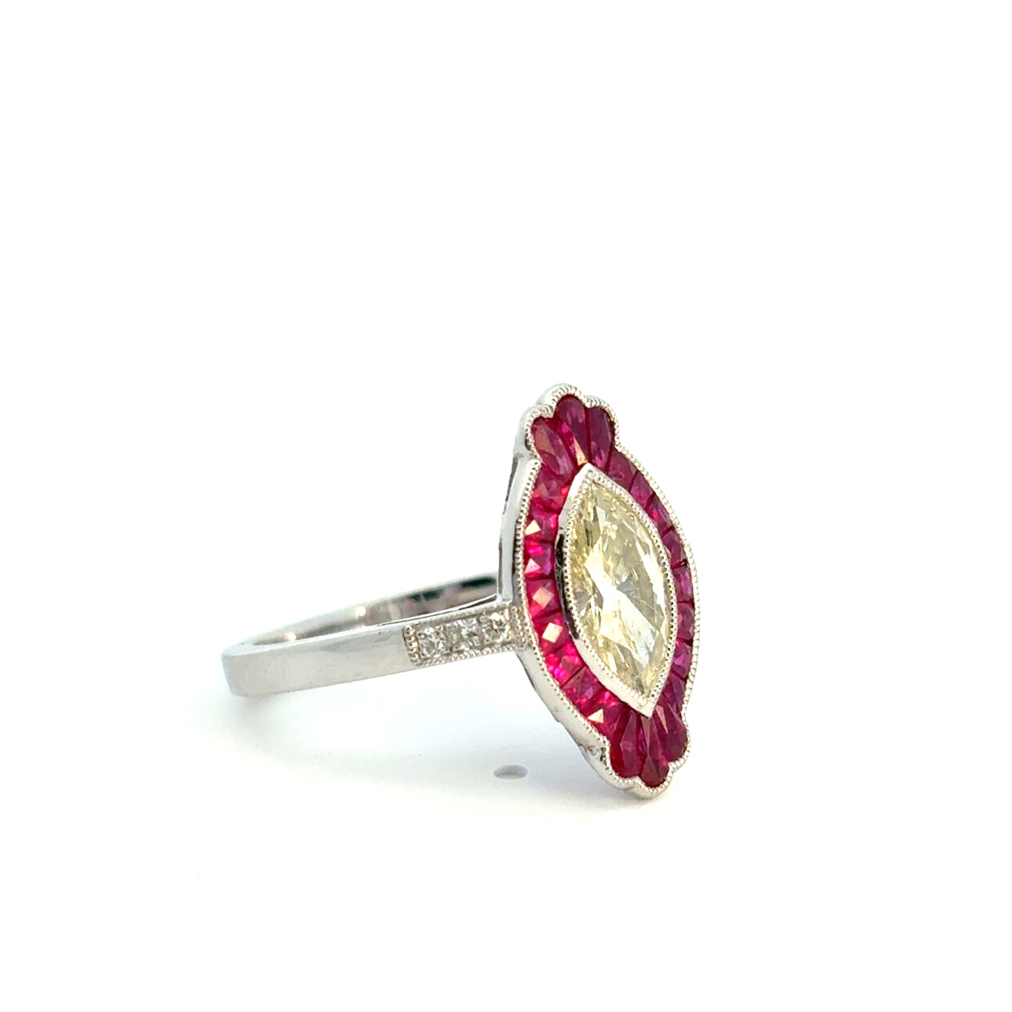 Platinum Natural Yellow Marquise Cut Diamond & Ruby Art Deco Ring