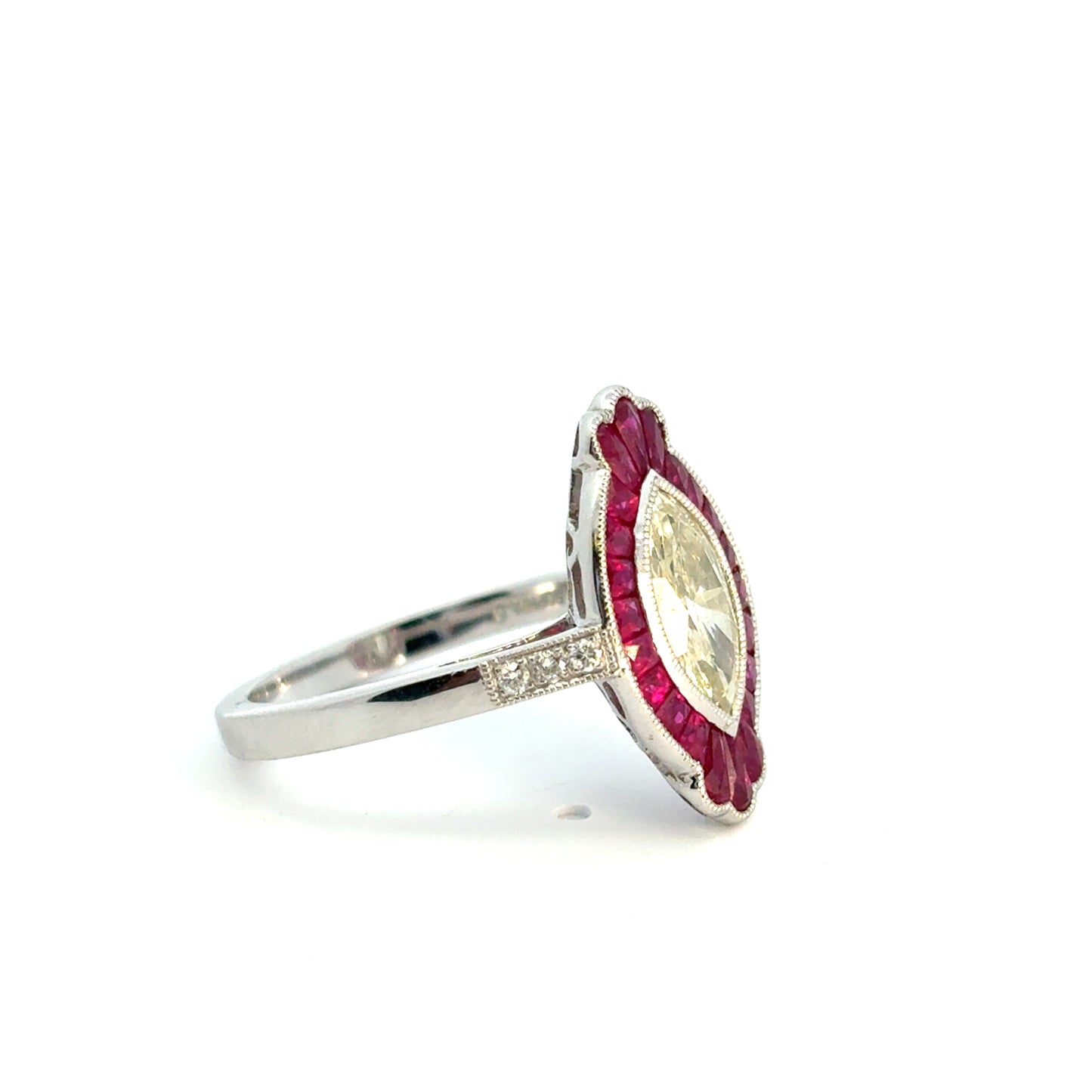 Platinum Natural Yellow Marquise Cut Diamond & Ruby Art Deco Ring