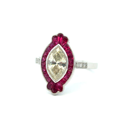 Light Yellow Marquise Cut Diamond Platinum Ruby Engagement Ring