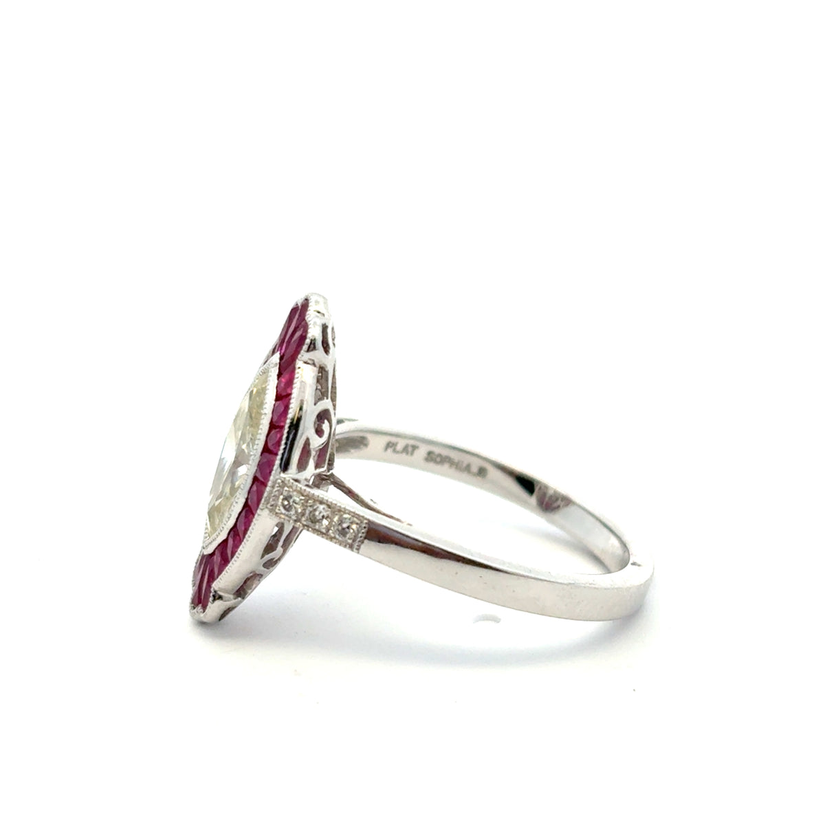 Platinum Natural Yellow Marquise Cut Diamond & Ruby Art Deco Ring — product photo 7