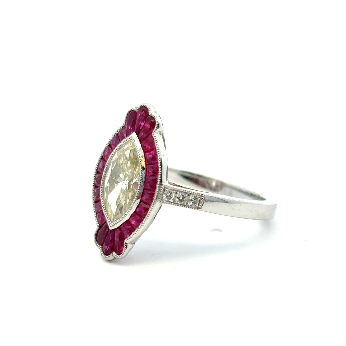 Platinum Natural Yellow Marquise Cut Diamond & Ruby Art Deco Ring — product photo 8