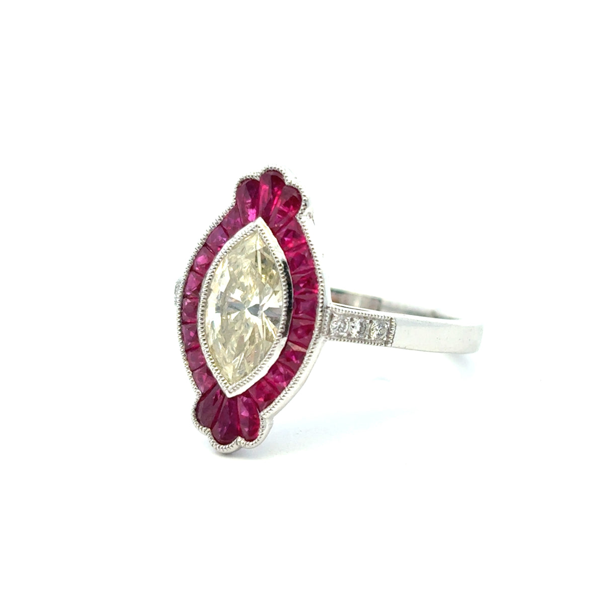 Platinum Natural Yellow Marquise Cut Diamond & Ruby Art Deco Ring — product photo 9