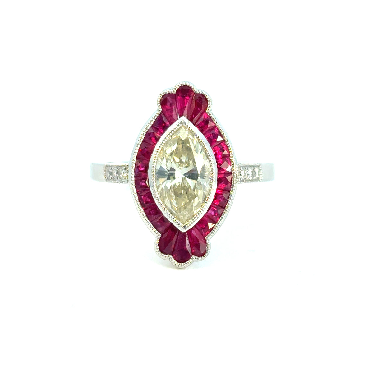 Platinum Natural Yellow Marquise Cut Diamond & Ruby Art Deco Ring — product photo 1