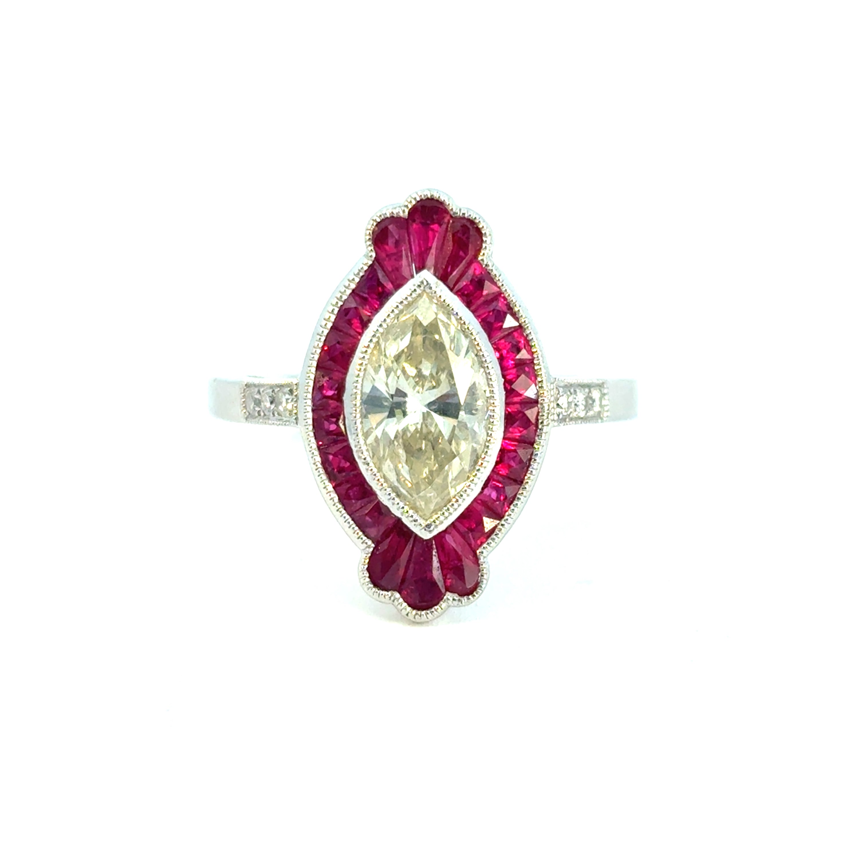 Platinum Natural Yellow Marquise Cut Diamond & Ruby Art Deco Ring