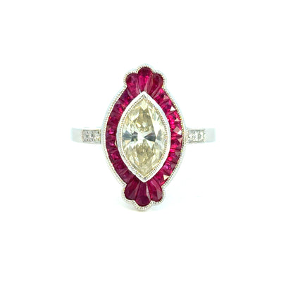 Platinum Natural Yellow Marquise Cut Diamond & Ruby Art Deco Ring