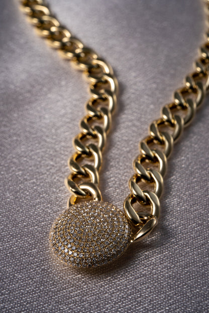 14k Yellow Gold Natural Diamond Pave Disc Pendant Link Necklace