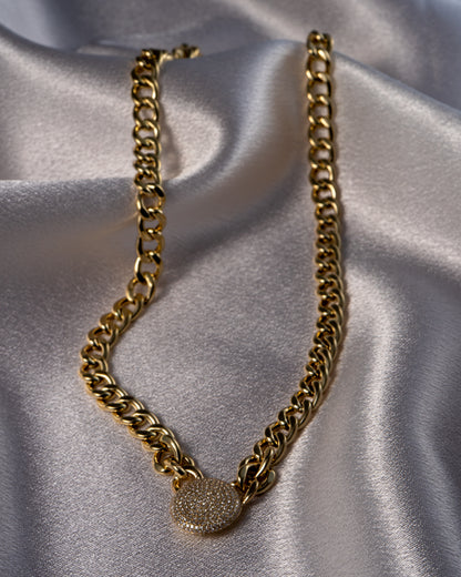 14k Yellow Gold Natural Diamond Pave Disc Pendant Link Necklace