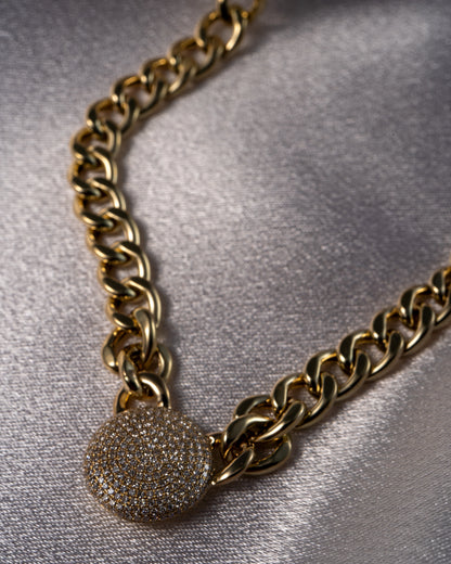 14k Yellow Gold Natural Diamond Pave Disc Pendant Link Necklace