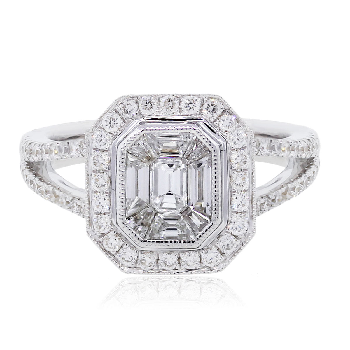 18k White Gold 0.86ctw Round and Baguette Diamond Illusion Ring