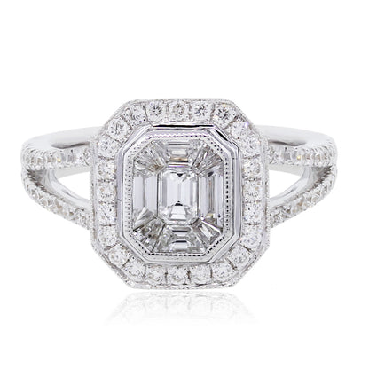18k White Gold 0.86ctw Round and Baguette Diamond Illusion Ring