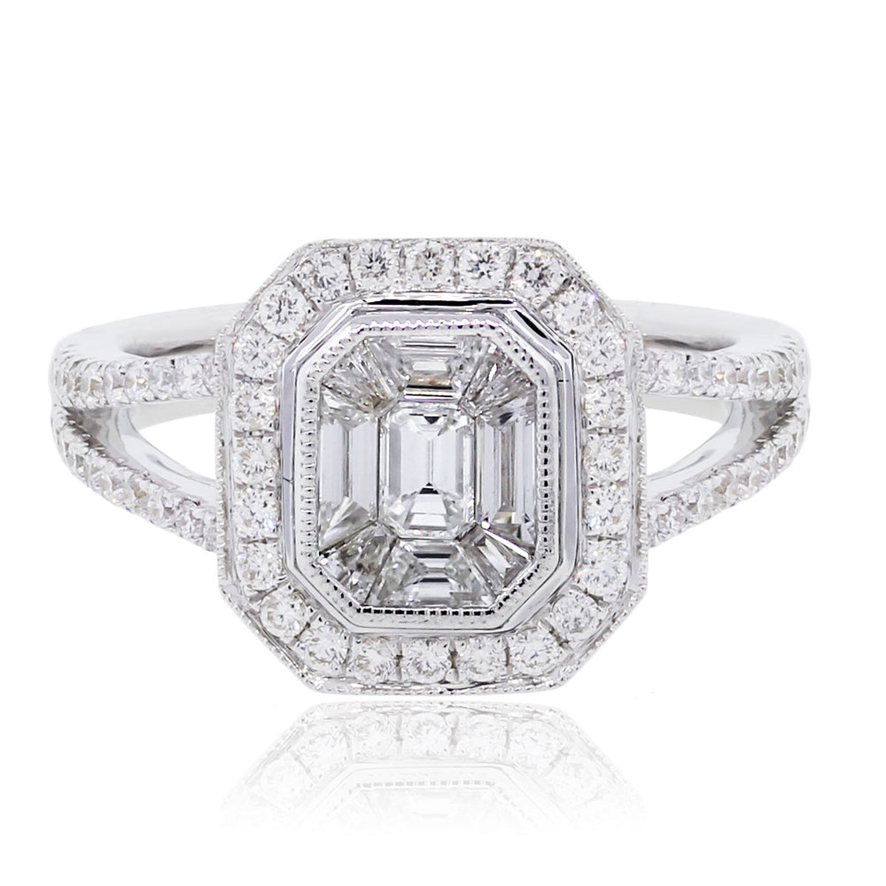 18k White Gold 0.86ctw Round and Baguette Diamond Illusion Ring