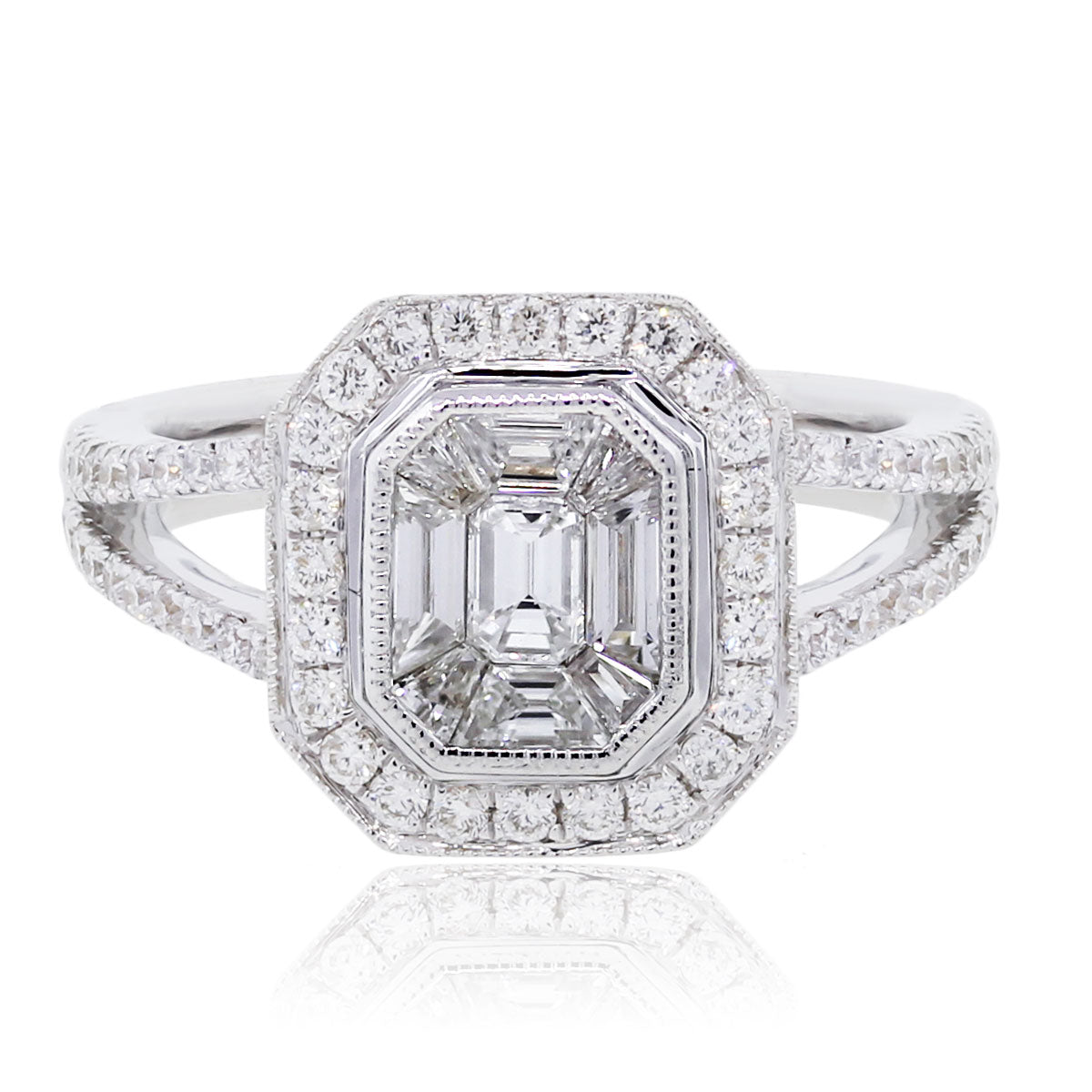 18k White Gold 0.86ctw Round and Baguette Diamond Illusion Ring