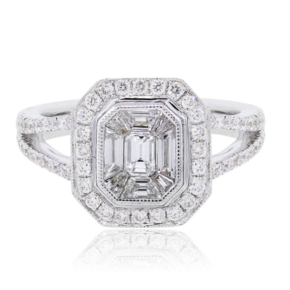 18k White Gold 0.86ctw Round and Baguette Diamond Illusion Ring