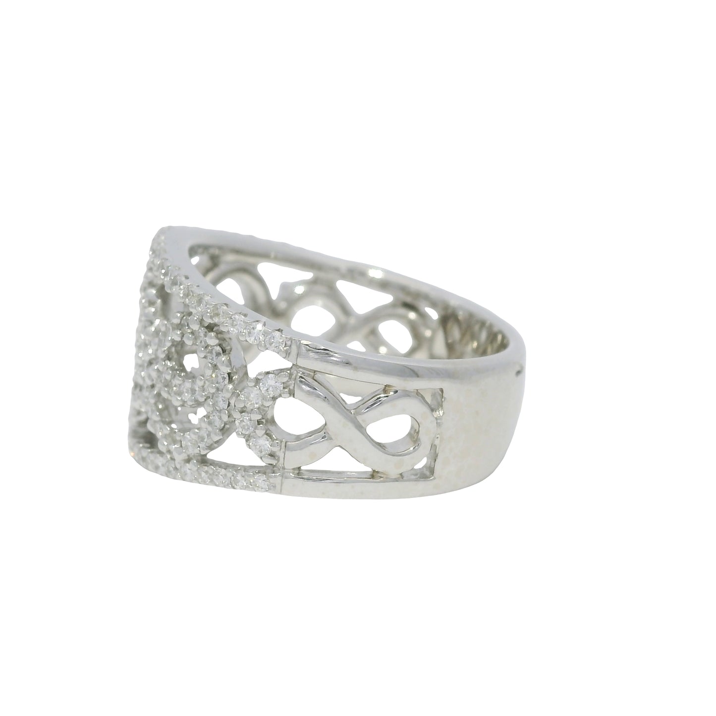 18K White Gold Natural Round Diamond Open Work Swirl Ring