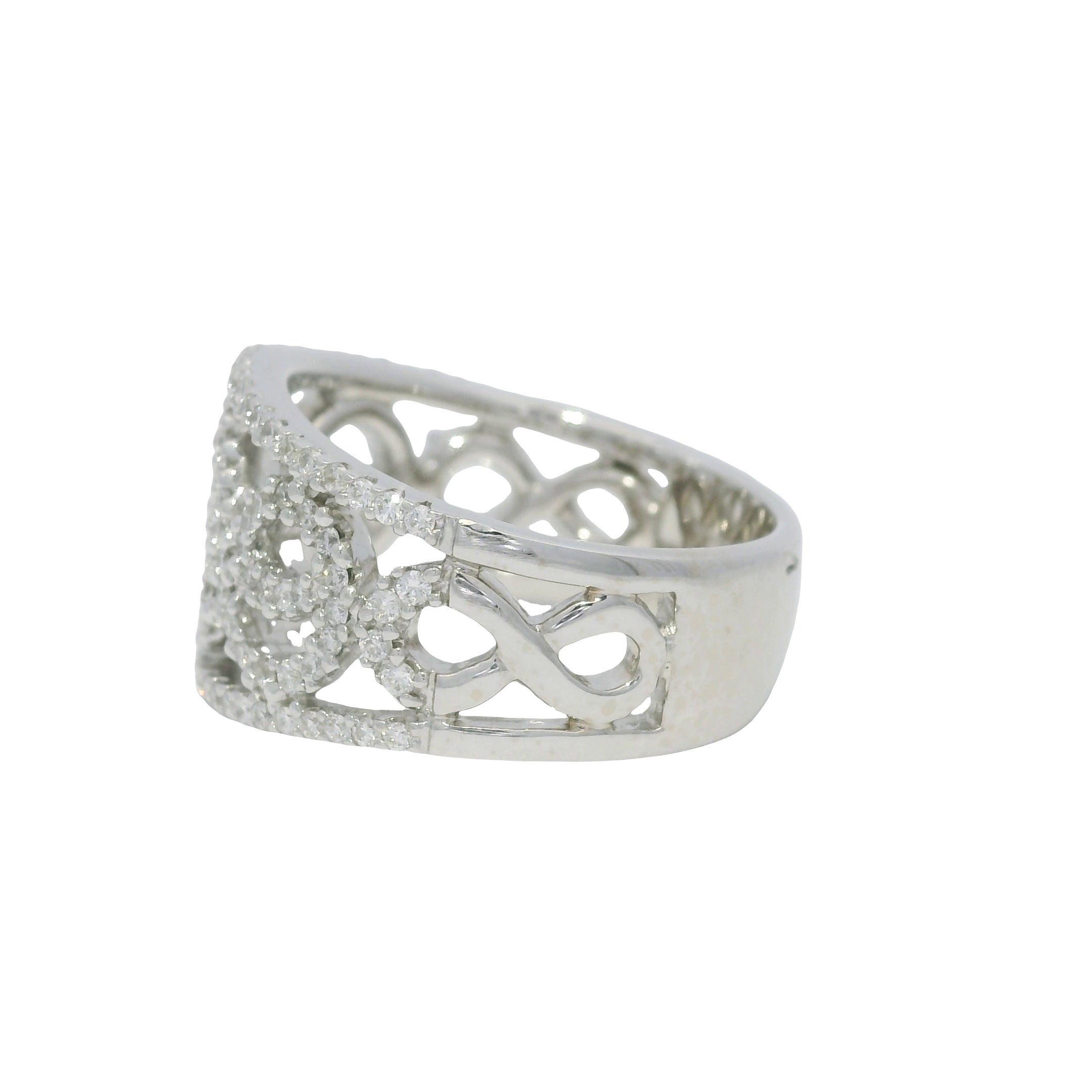 18K White Gold Natural Round Diamond Open Work Swirl Ring
