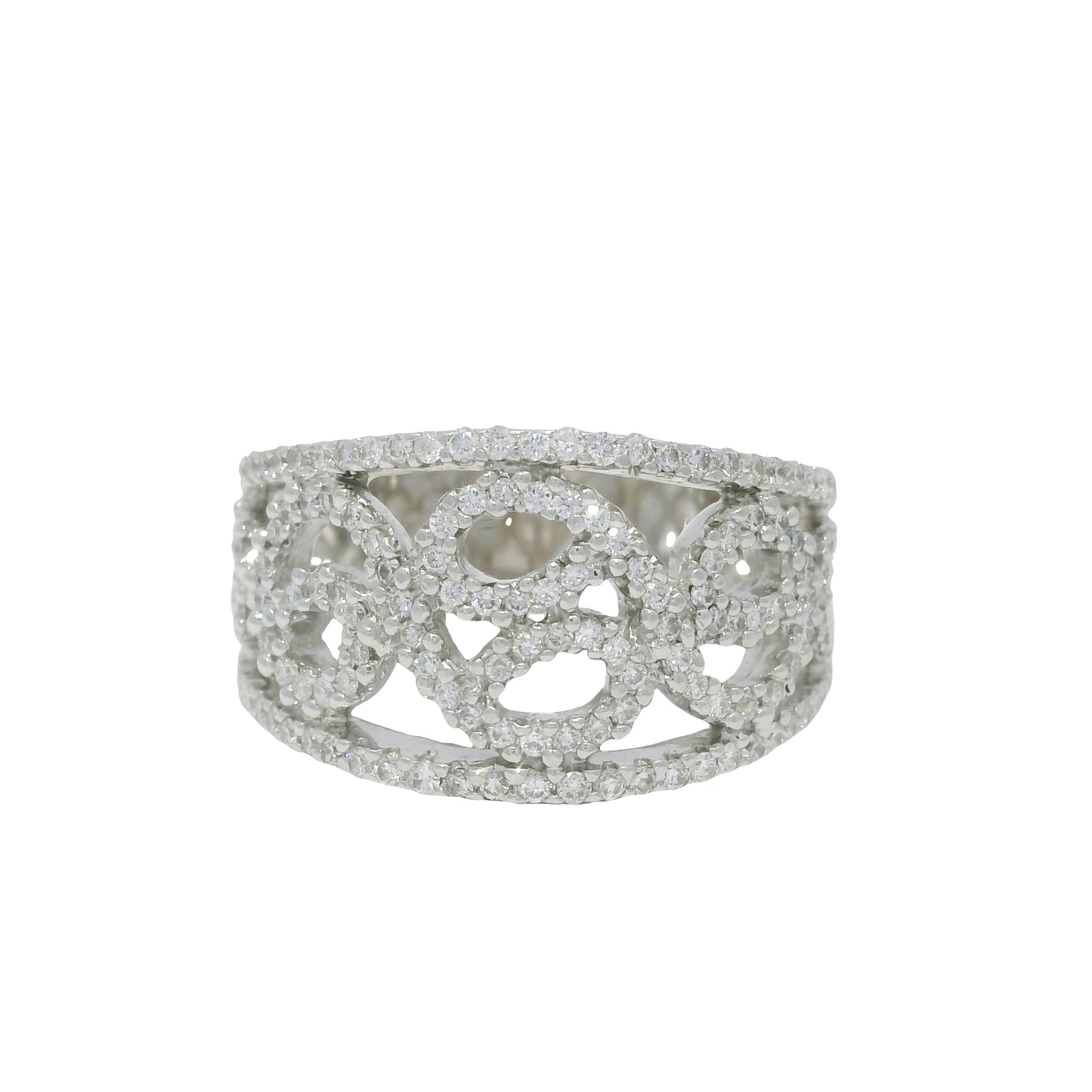 18K White Gold Natural Round Diamond Open Work Swirl Ring