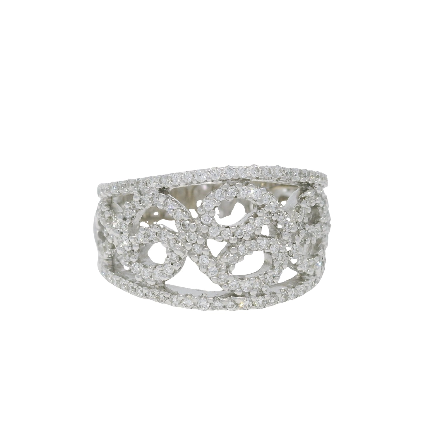 18K White Gold Natural Round Diamond Open Work Swirl Ring