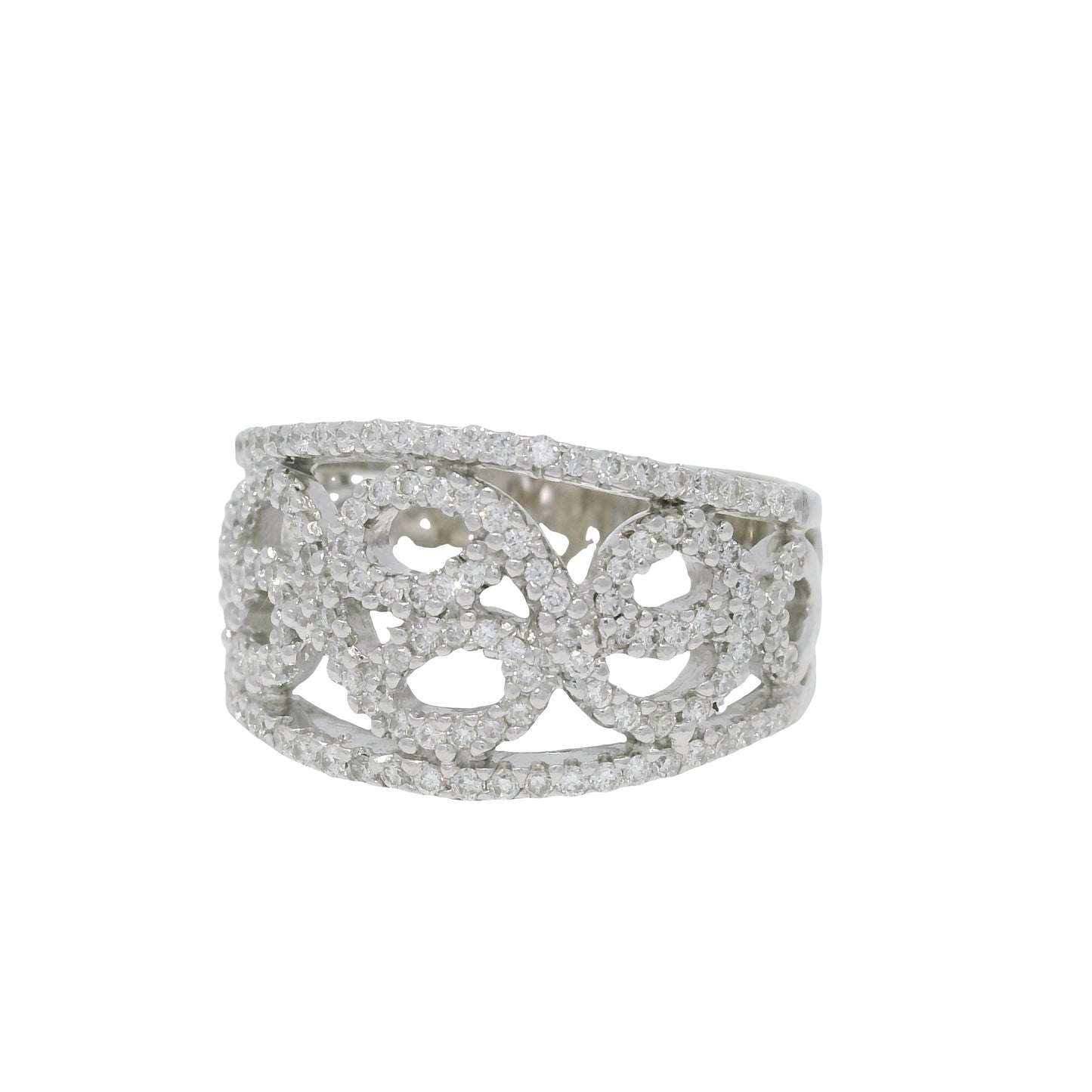 18K White Gold Natural Round Diamond Open Work Swirl Ring
